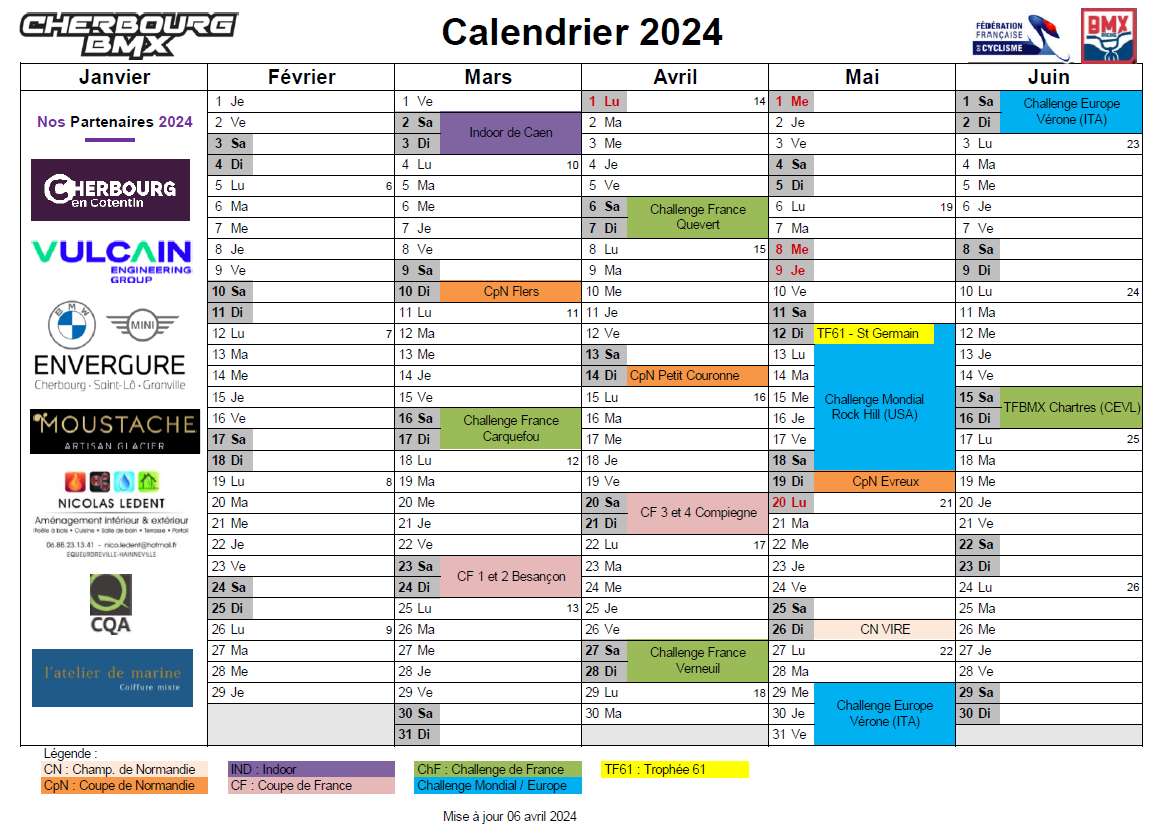 Calendrier 2024 Cherbourg BMX