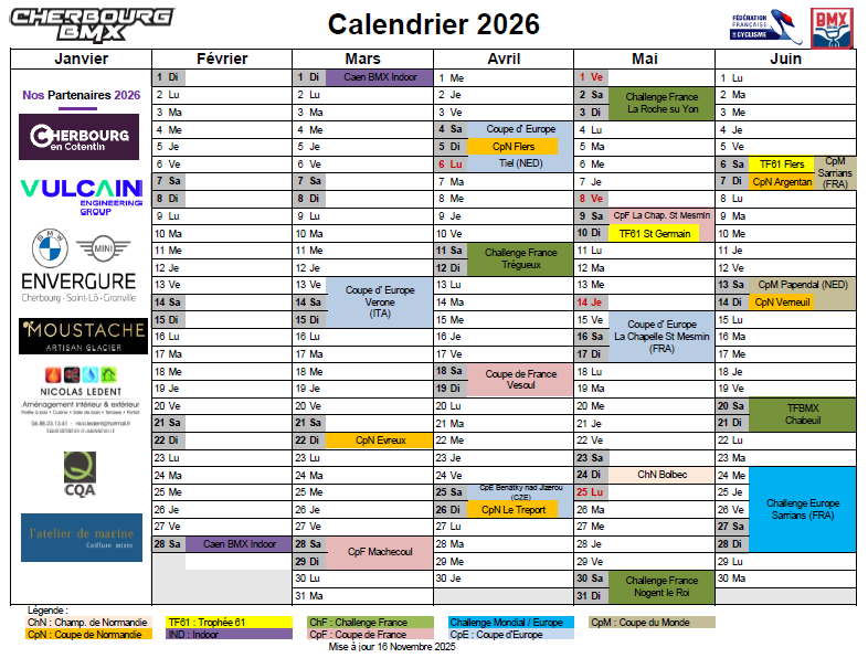 Calendrier 2025 Cherbourg BMX